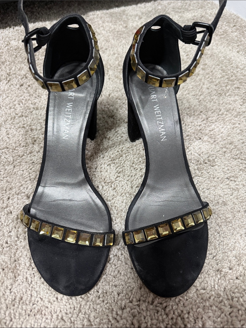 Stuart Weitzman Black Suede Ankle-Strap Heels with Gold Gem Accents